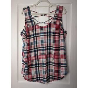 Torrid Top Womens 2 Red Challis Criss Cross Back Tank Plaid Rayon (974) Plus